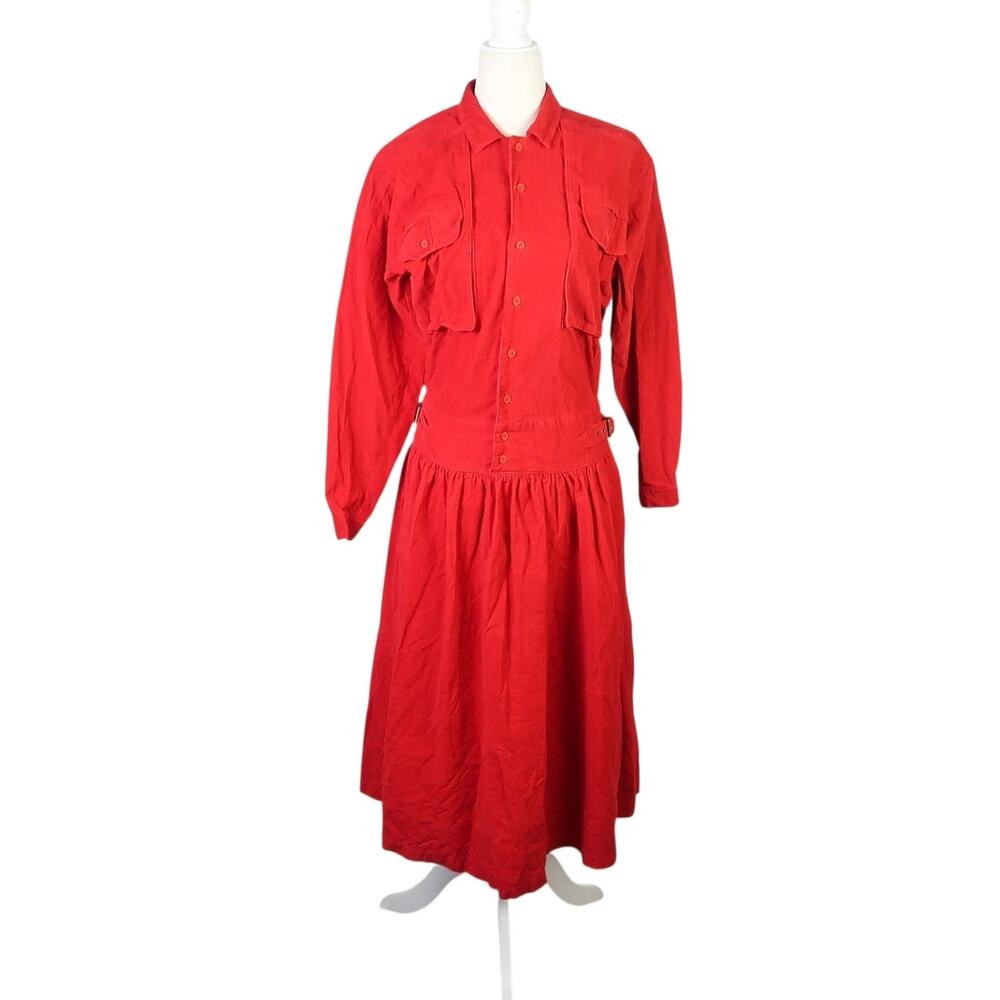 Vintage 90s Toffs Red Corduroy Drop Waist Midi Shirt Dress S
